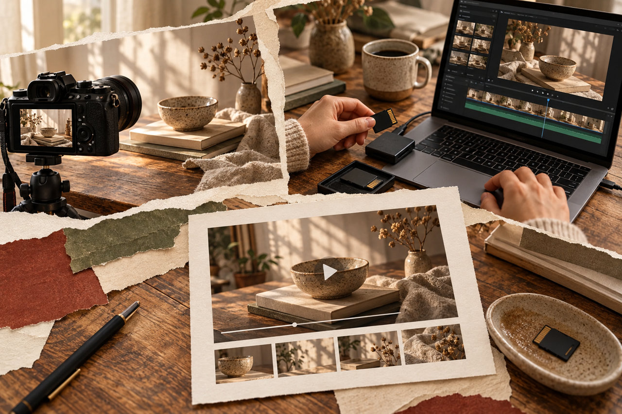 A paper collage showing camera recording, importing from a card to a computer, and checking the finished video
