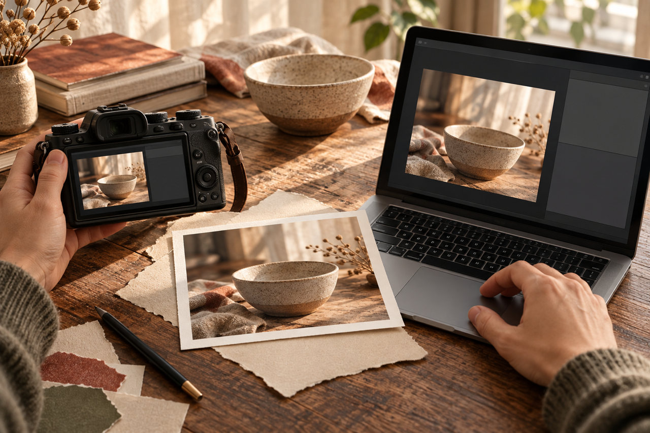 Comparing footage of tableware displayed on the camera and computer